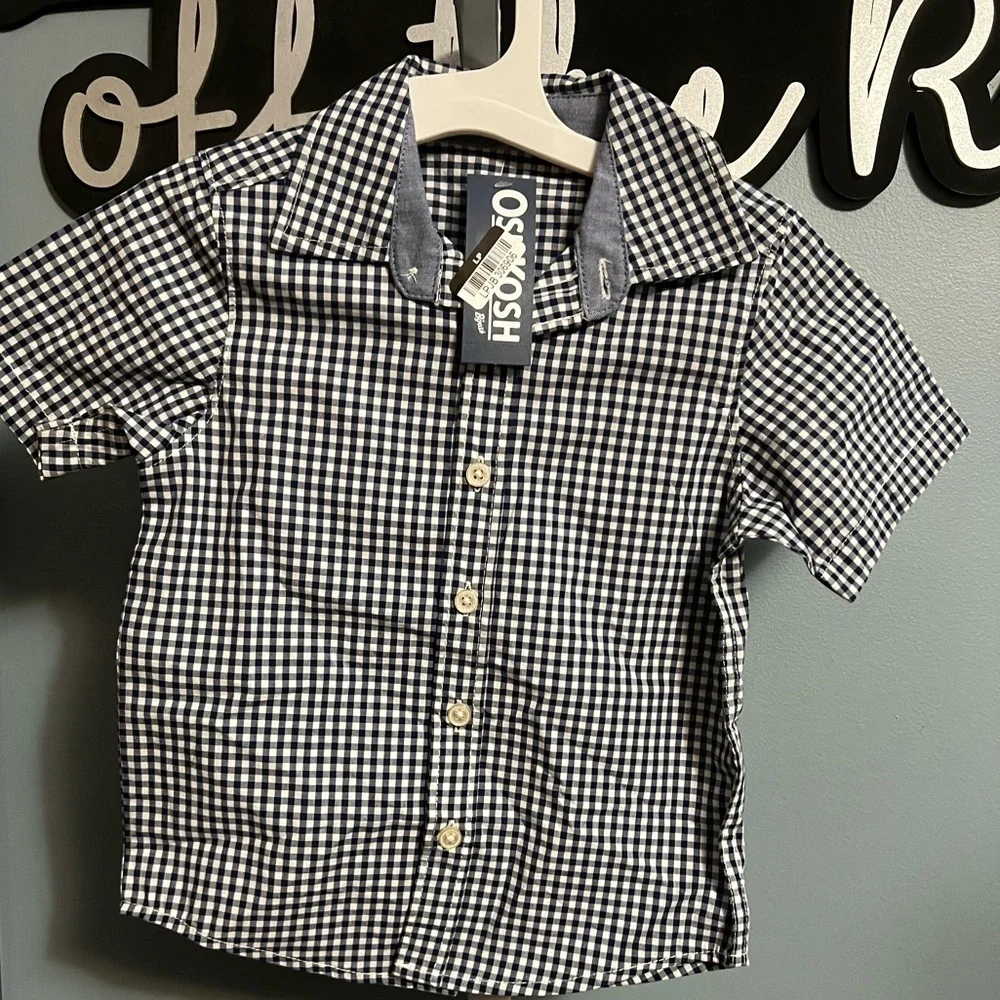 🇺🇸 $5 🇺🇸 OshKosh B'gosh Blue and White Gingham Short Sleeve Button Down Shirt